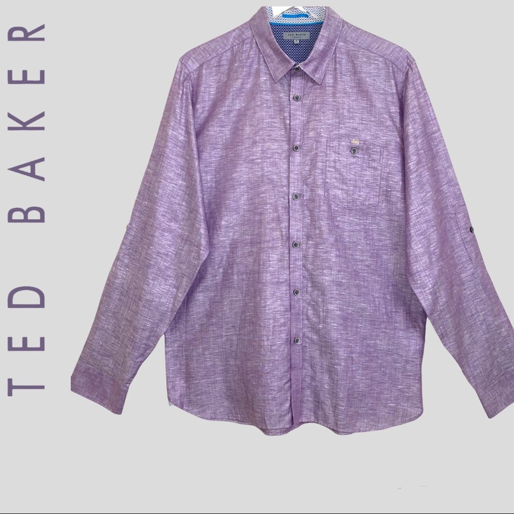 Men’s Ted Baker Light Purple Button Up Dress Shirt Linen Blend Size: 5 or XL